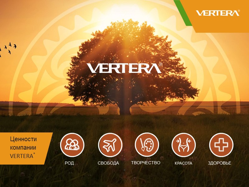 ЗДОРОВЬЕ KPACOTA ТВОРЧЕСТВО СВОБОДА РОД Ценности компании  VERTERA®